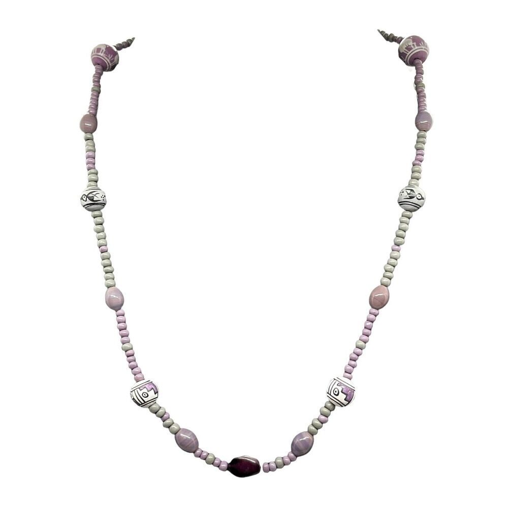 Peruvian Clay Beaded Necklace Vintage Womens Purple White Gray Barrel Clasp 12"